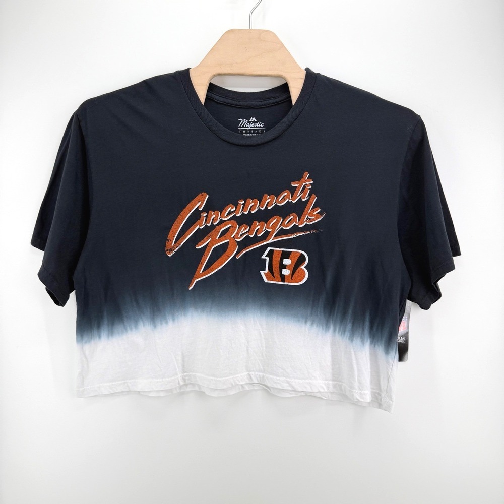 Majestic Cincinnati Bengals Burrow Shirt L Dip Dye Black Gameday Crop Top NEW